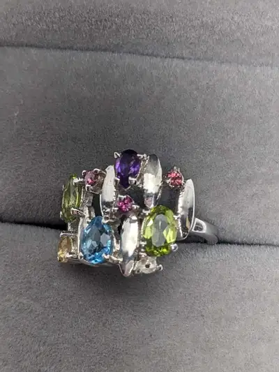 Sterling Silver Multicolour Gemstone Ring Rhodium Plated Size 5, View more