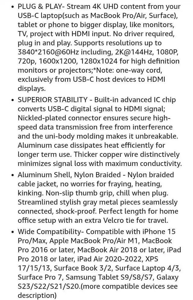 Benfei USB C to HDMI Display Cable in Cables & Connectors in Hamilton - Image 3