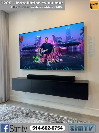 INSTALLATION TV AU MUR SUPPORT MURAL TÉLÉVISION MURALE TV WALL, View more