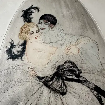 large framed antique Pierrot boudoir etching from Paris, France, View more