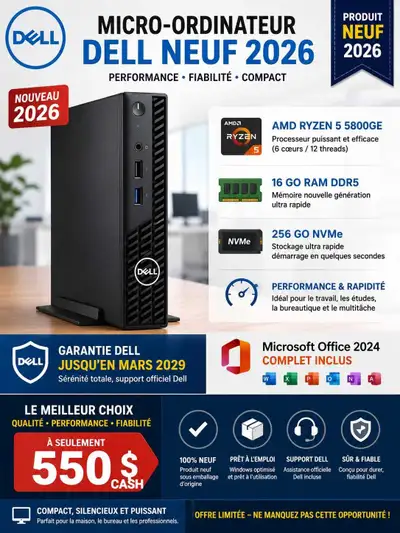 * FLAMBANT NEUF * *GARANTIE DELL- MARS 2029* * PROCESSEUR AMD RYZEN 5 8500GE ( i5 14eGeneneration )...