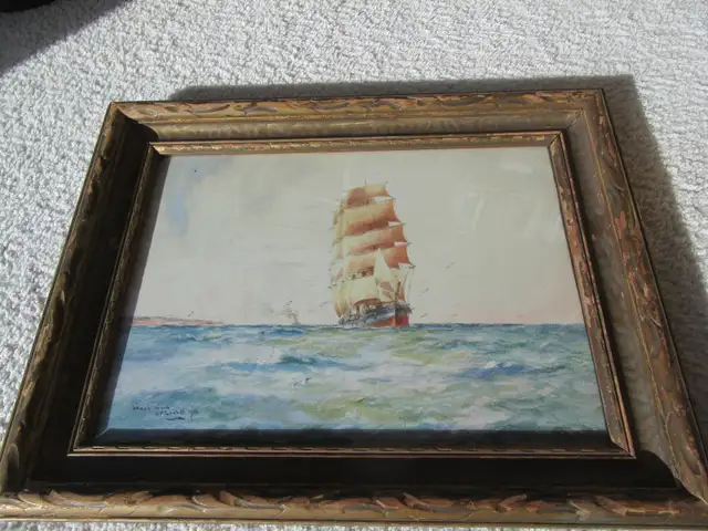 Old Time Painting of Ship Heading Out to Sea in Arts & Collectibles in Oshawa / Durham Region - Image 2