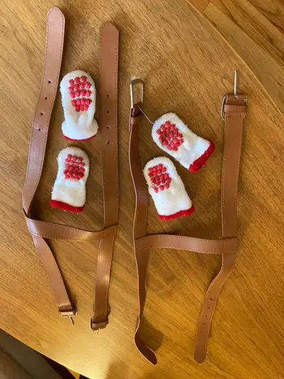 2 puppy hasnesses & a set of booties for those cold days. For a small dog. Original owner