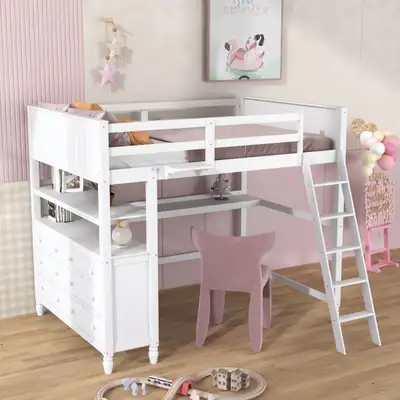 Dorie Kids 6 Drawers Wooden Loft Bed With Desk and Shelves, View more