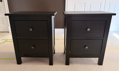 Ikea Hemnes black brown 4-piece bedroom set. 2x side tables 1x 3-drawer dresser 1x queen headboard T...