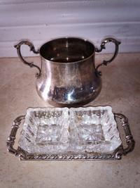 Vintage sugar bowl and jam/condiments tray. ARG.1000 silver mark