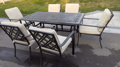 Outdoor patio set, includes table and 6 matching chairs with cushions. Made of sturdy lightweight al...