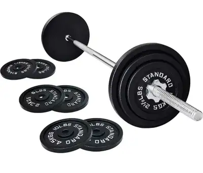 Signature Fitness Cast Iron Standard Weight Plates Including 5FT Standard Barbell with Star Locks, 4...