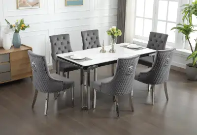 CERAMIC MARBLE TOP DESIGNER DINING TABLE STAINLESS CHROME LEGS., View more