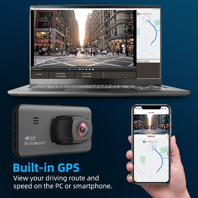Edospor 4K Dash Cam Front and Rear Built in WiFi GPS Dash Camera in Cameras & Camcorders in City of Toronto - Image 4