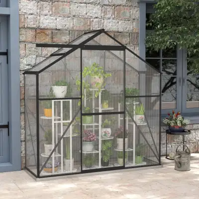 6' x 2.5' Walk-in Polycarbonate Greenhouse Aluminium Green House with Sliding Door, 5-Level Roof Ven...