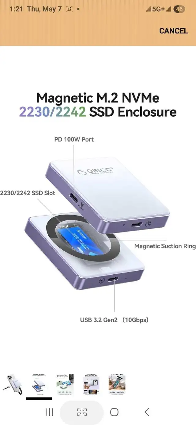 ORICO 10Gbps Magnetic M.2 NVMe SSD Enclosure with PD100W Chargi in Cables & Connectors in Markham / York Region - Image 3