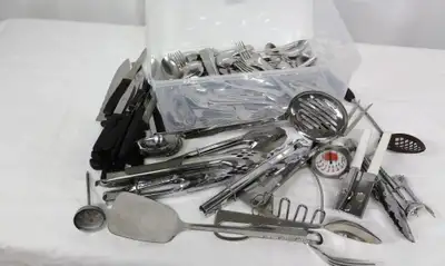 MASSIVE LOAD OF STAINLESS STEEL KITCHEN UTENSILS + FLATWARE, View more