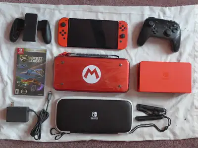 red Nintendo Switch OLED,  Pro Controller,3 cases,Rocket League, View more