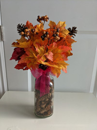17 inch tall artificial silk maple leaves with glass vase $5