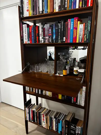 Crate and Barrel Tate Walnut Bookcase Bar Cabinet, View more