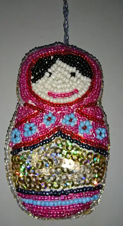 Vintage Rare Matryoshka Babushka Doll Fabric Handmade Sequins/ Beads Purse Ornament - 4 inches tall...