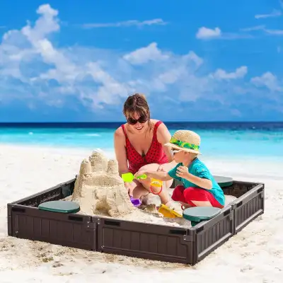 Kids Outdoor Sandbox with Canopy, Bottom Fabric Liner, Brown • DIY this sandbox requires no special...