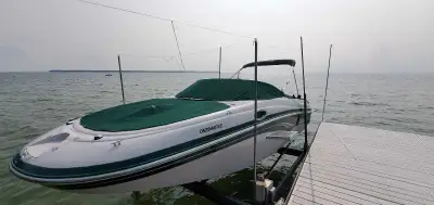 2005 Tracker Marine Tahoe 2340 bowrider, 26.5 ft LOA, on 26 ft tandem aluminum trailer. Fully equipp...