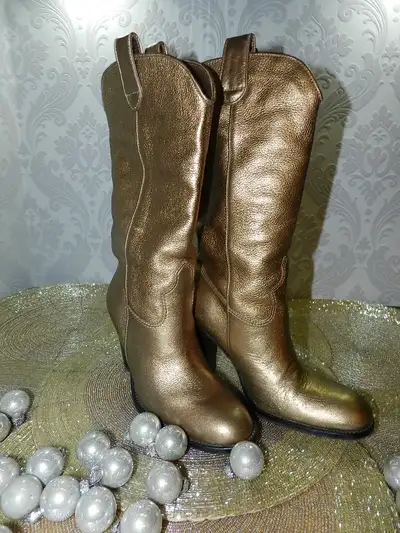 Country+Rock Y2K Glam Gold Leather Cowboy Boots, View more