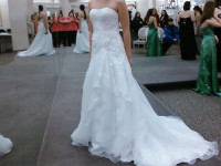White Organza layered front, strapless Wedding Dress with Train