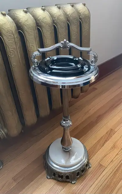 Antique ashtray stand. Cast metal, marble base, Amber glass, View more