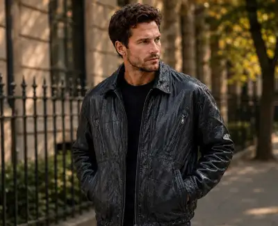 Men’s Patchwork Leather Bomber Jacket, View more