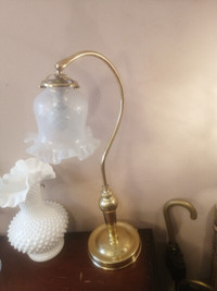 Vintage Solid Brass Gooseneck Lamp With Vaseline Glass Shade