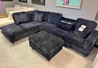 Brand New Durable Black Corduroy Sectional Sofa + Free Delivery , View more
