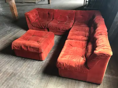 Vintage Modular Sectional Couch – Retro Red Velvet, Tons , View more