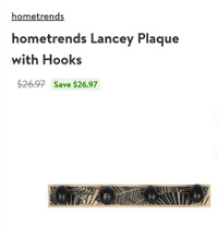 Hometrends Lancey Plaque with Hooks Brand New x2