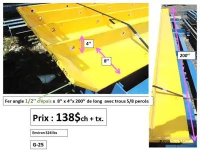 Fer angle 1/2'' d'épais x 8''x4''x200'' et autres prix sur photo, View more