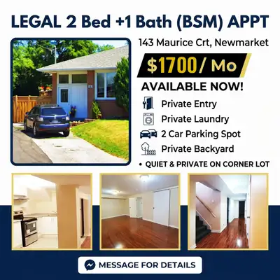 2 Bed +1 Bath Appt (basm) $1700/Mo 143 Maurice Crt, Newmarket - legal 2 bedroom apartment - clean an...
