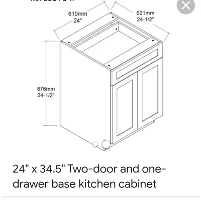Looking for 2 base cabinets, sized as indicated on photo. Hopefully not expensive as I am on a tight...