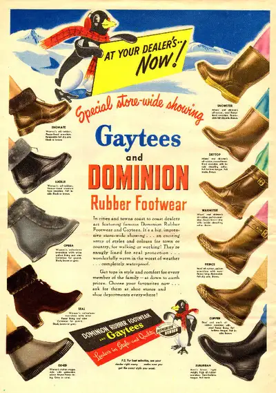 Large 1951 vintage magazine ad for Dominion Rubber Overshoes, View more