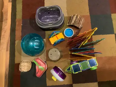 Hamster accessories : exercise ball, play pen, free standing wheel, traveling cage, tunel, teeter to...