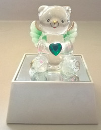 Clear Glass Angel Bear With Emerald Green Heart