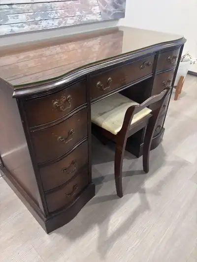 Mid century 8 drawer desk and chair, View more