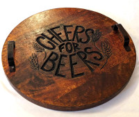 Impressive Mango Wood and Iron CHEERS FOR BEERS! Serving Tray!