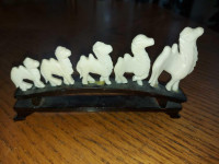 Vintage Asian carved bone Camels family on a wooden stand 6" by