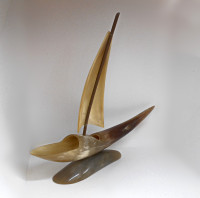 Vintage Hand Carved Cow Horn Sailboat Model - Gift Father's Day