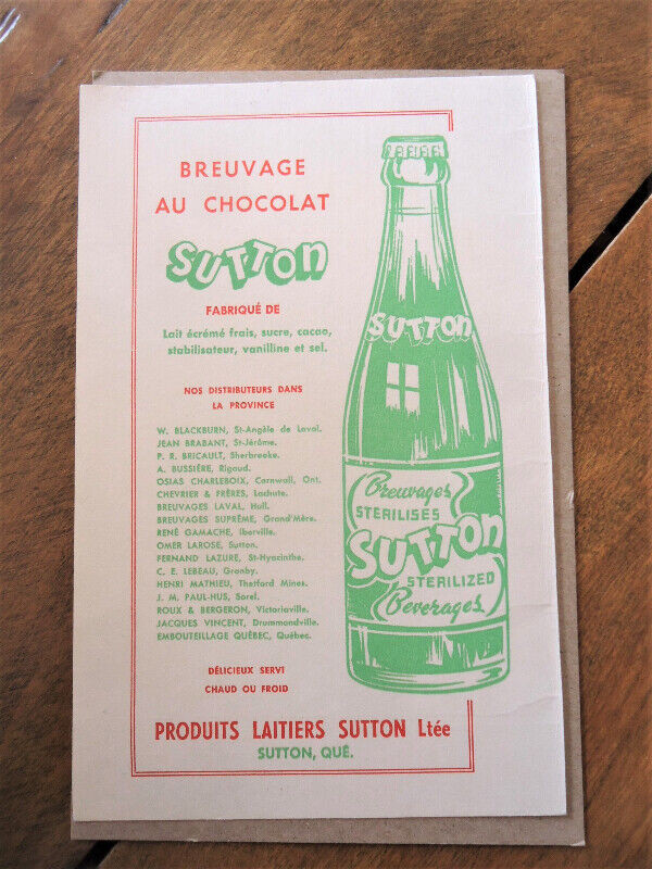 1940 Produits Laitiers Sutton Breuvage Lait Chocolat Publicité dans Art et objets de collection  à Ville de Québec