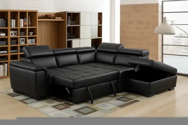 Genuine Top Grain leather sectional  with hide-a-Bed & Storage in Couches & Futons in Vancouver - Image 4