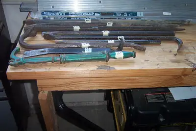 9 Various Wrecking Bars - all heavy duty. *** item #1 Flat Pry Bar, claw end 15" long. $5. *** Item...