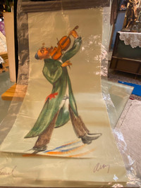 Vintage Jewish  Hanging Scroll Painting Violinist