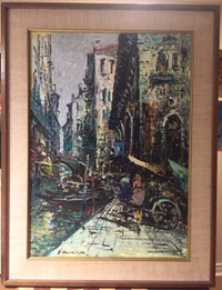 VENICE Canal Scene, Oil Painting Picture  Wood Frame