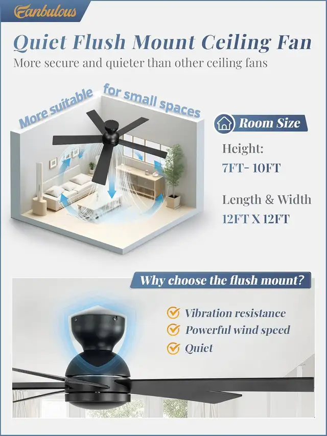 48 Inch Flush Mount Ceiling Fan no Light, Black in Indoor Lighting & Fans in Mississauga / Peel Region - Image 8