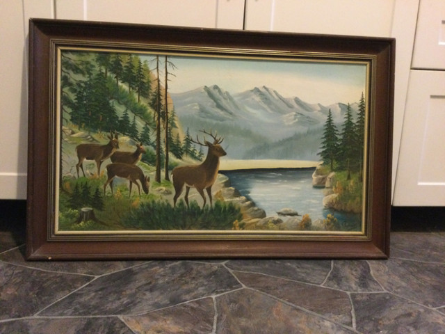 Art Painting on board with wood frame deer landscape signed in Arts & Collectibles in Winnipeg - Image 3