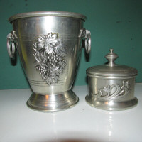 Carved Pewter Ice Bucket and Pewter Keepsake Jar