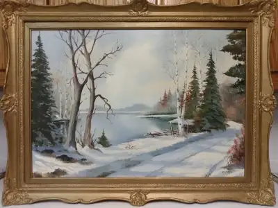 Beautiful antique oil painting by listed Canadian artist Anna Jalava. Typical artist landscape oil p...